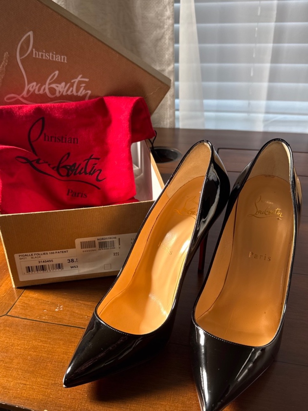 Christian Louboutin Pigalle Follies 100 Patent Black red bottom heals